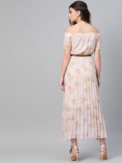 Women's Lavender Floral Off Shoulder High Low Pleated Dress