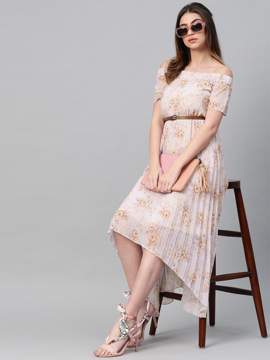 Women's Lavender Floral Off Shoulder High Low Pleated Dress