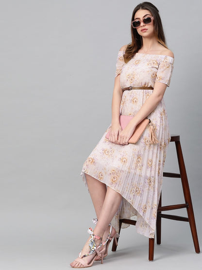 Women's Lavender Floral Off Shoulder High Low Pleated Dress