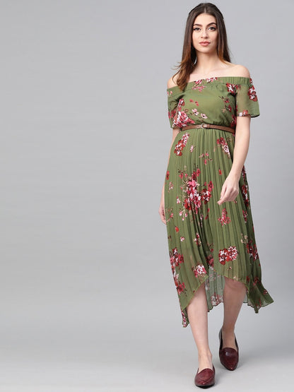 Women's Olive Floral Off Shoulder High Low Pleated Dress