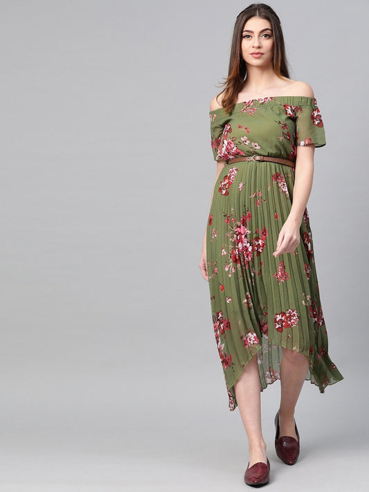 Women's Olive Floral Off Shoulder High Low Pleated Dress