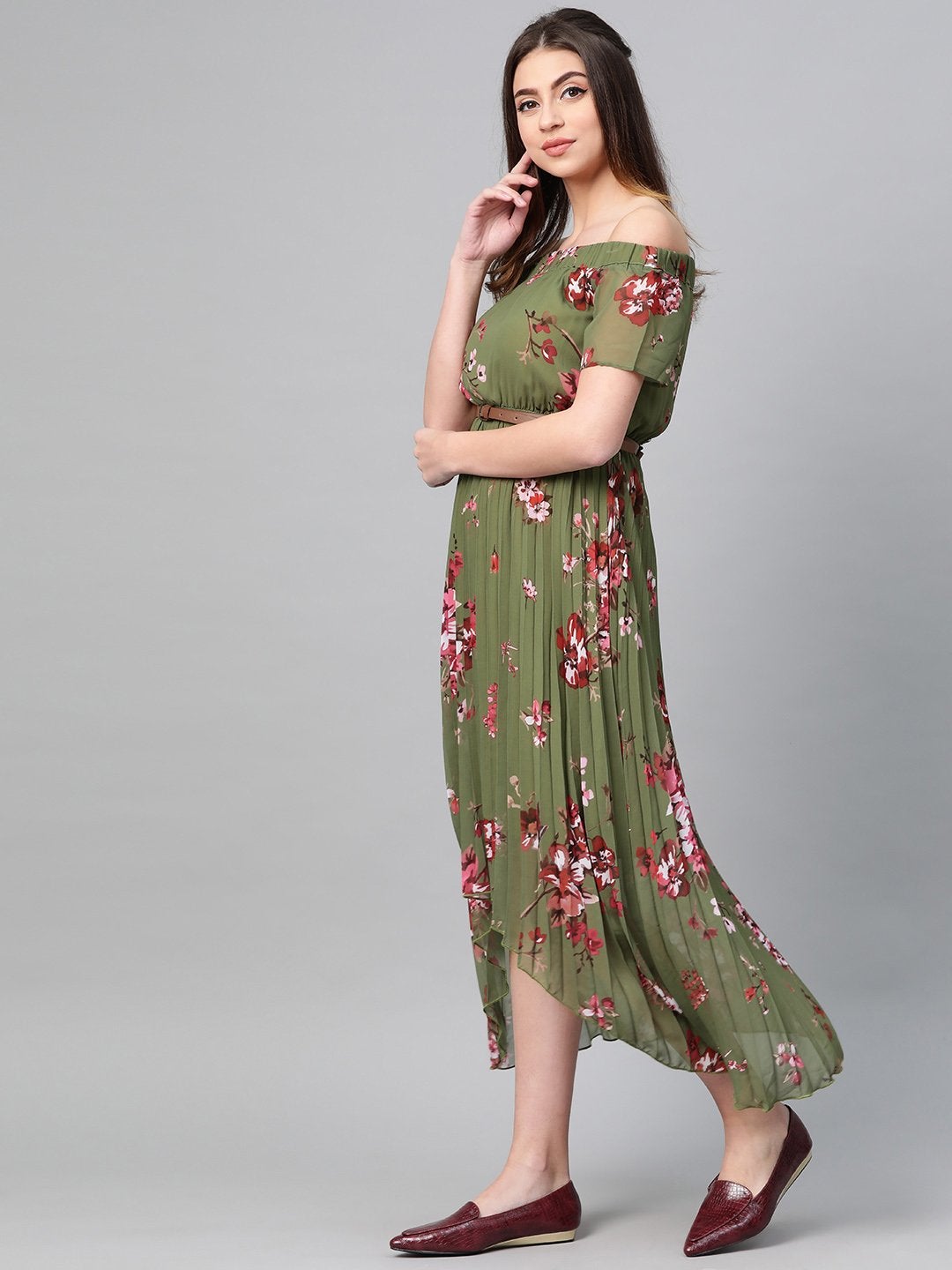 Women's Olive Floral Off Shoulder High Low Pleated Dress