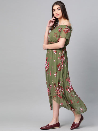 Women's Olive Floral Off Shoulder High Low Pleated Dress
