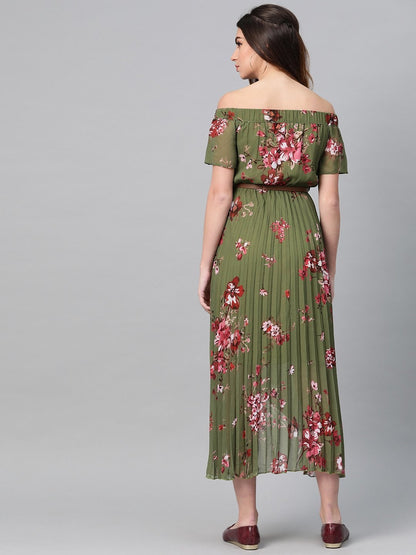 Women's Olive Floral Off Shoulder High Low Pleated Dress