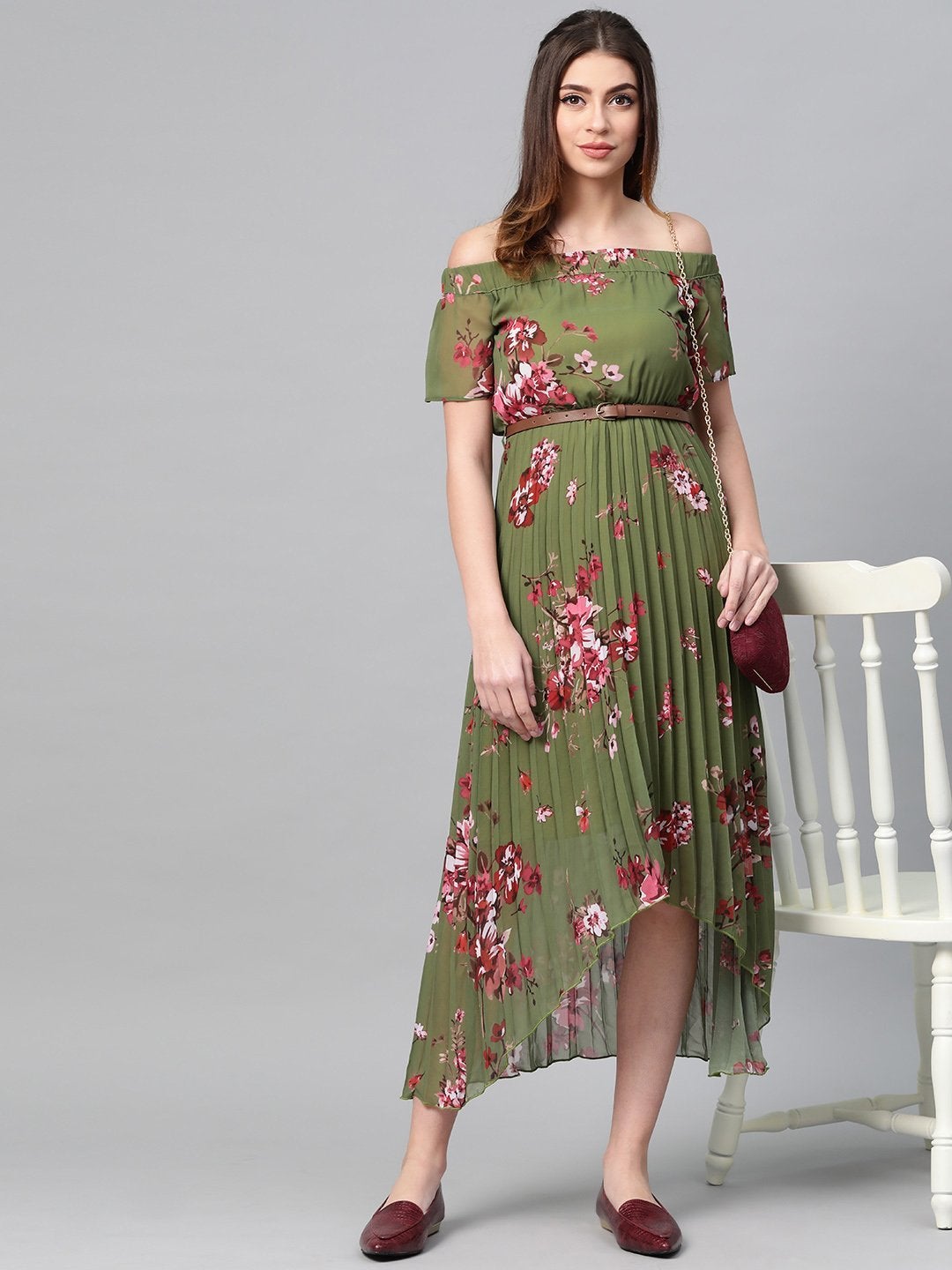 Women's Olive Floral Off Shoulder High Low Pleated Dress