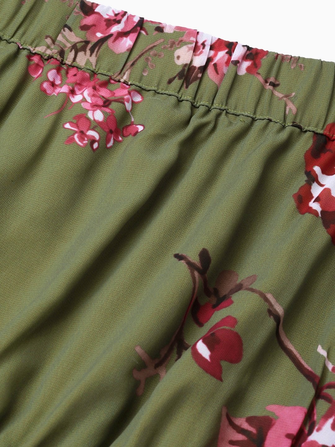 Women's Olive Floral Off Shoulder High Low Pleated Dress