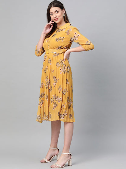 Women's Mustard Floral Peterpan Collar Pleated Dress