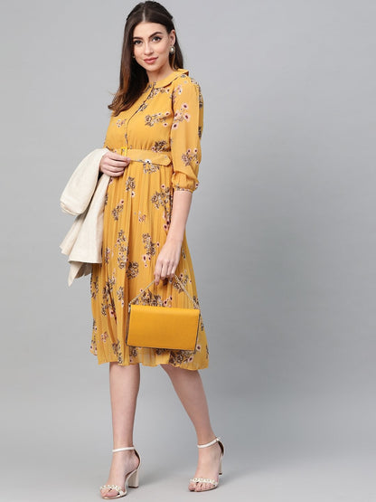 Women's Mustard Floral Peterpan Collar Pleated Dress