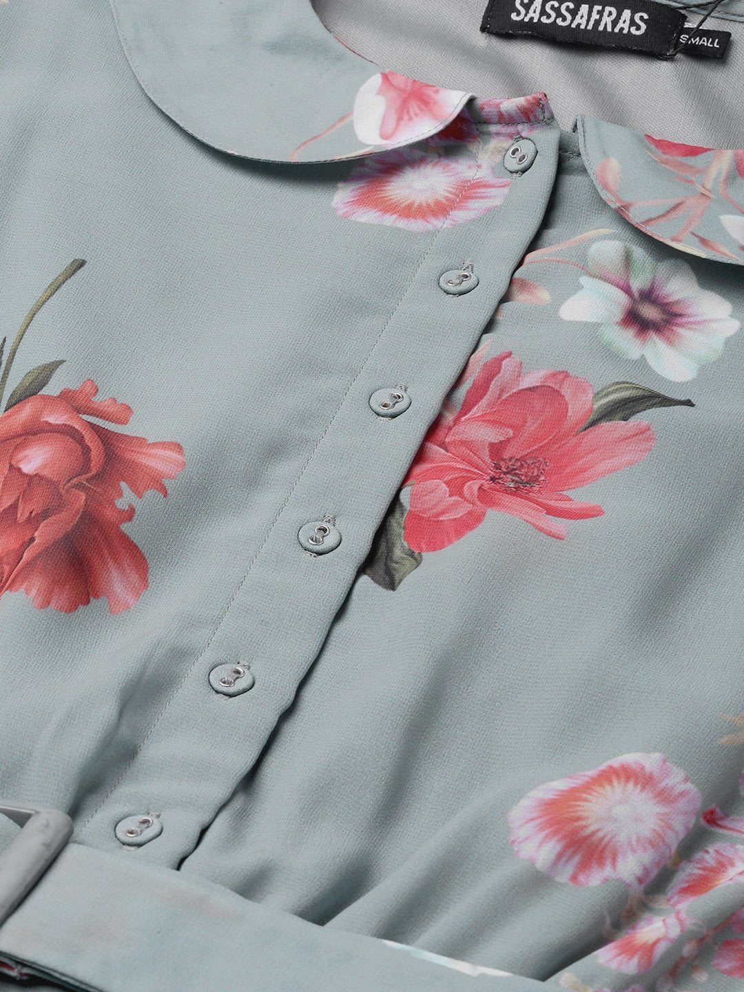 Women's Steel Blue Floral Peterpan Collar Pleated Dress