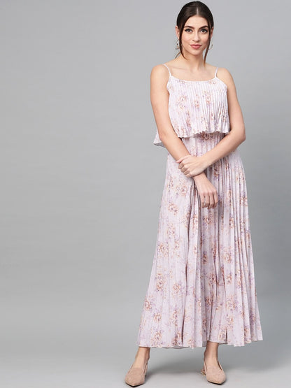 Women's Lavender Floral Strappy Pleated Maxi Dress