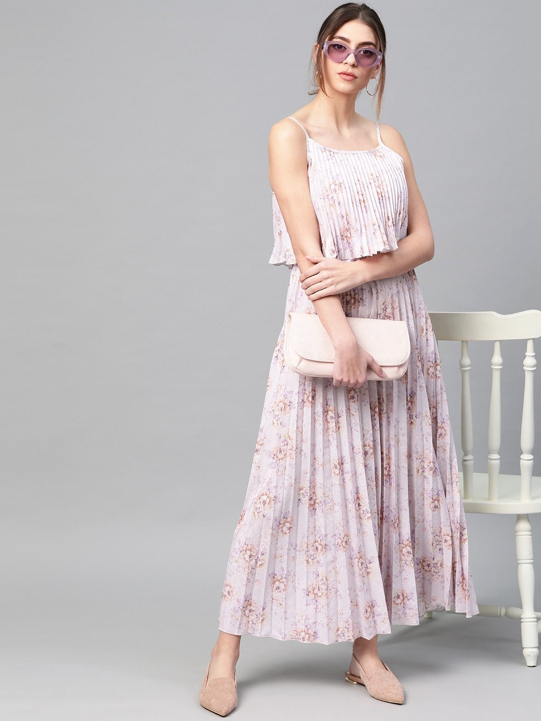 Women's Lavender Floral Strappy Pleated Maxi Dress