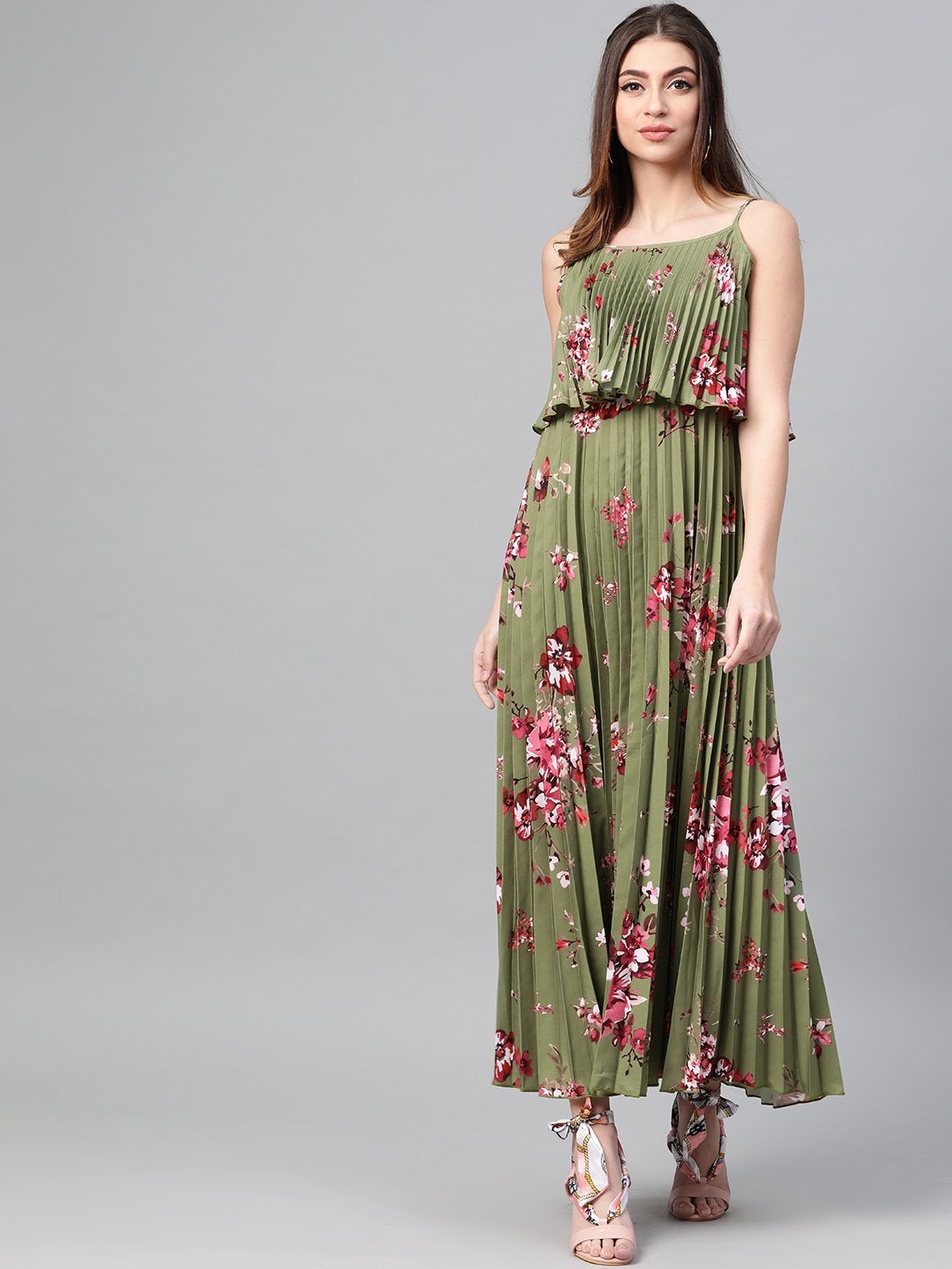 Women's Olive Floral Strappy Pleated Maxi Dress