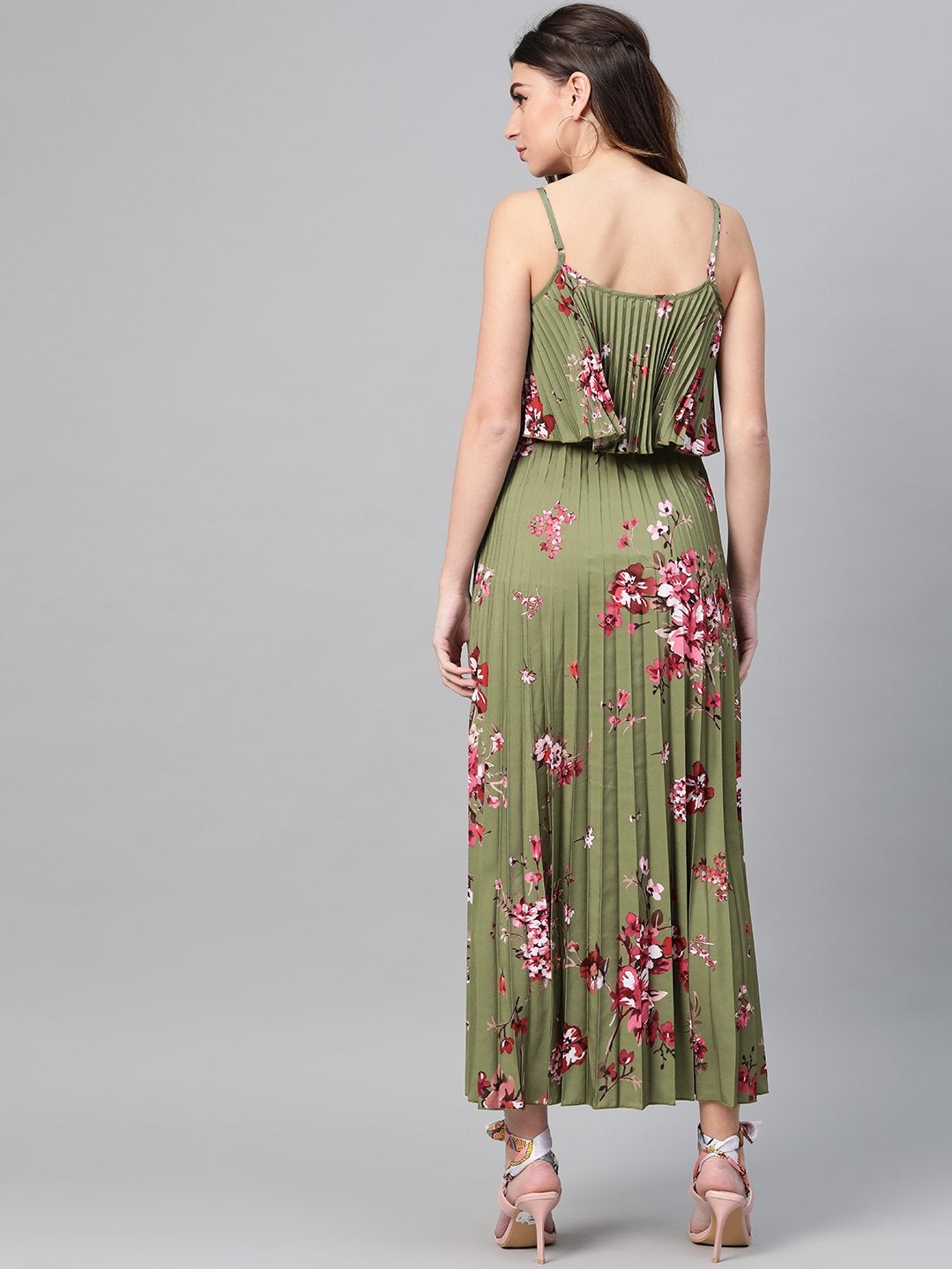 Women's Olive Floral Strappy Pleated Maxi Dress