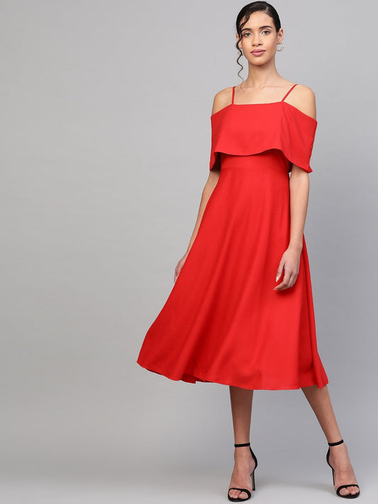 Women's Red Cold Shoulder Strappy Midi Dress