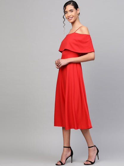 Women's Red Cold Shoulder Strappy Midi Dress