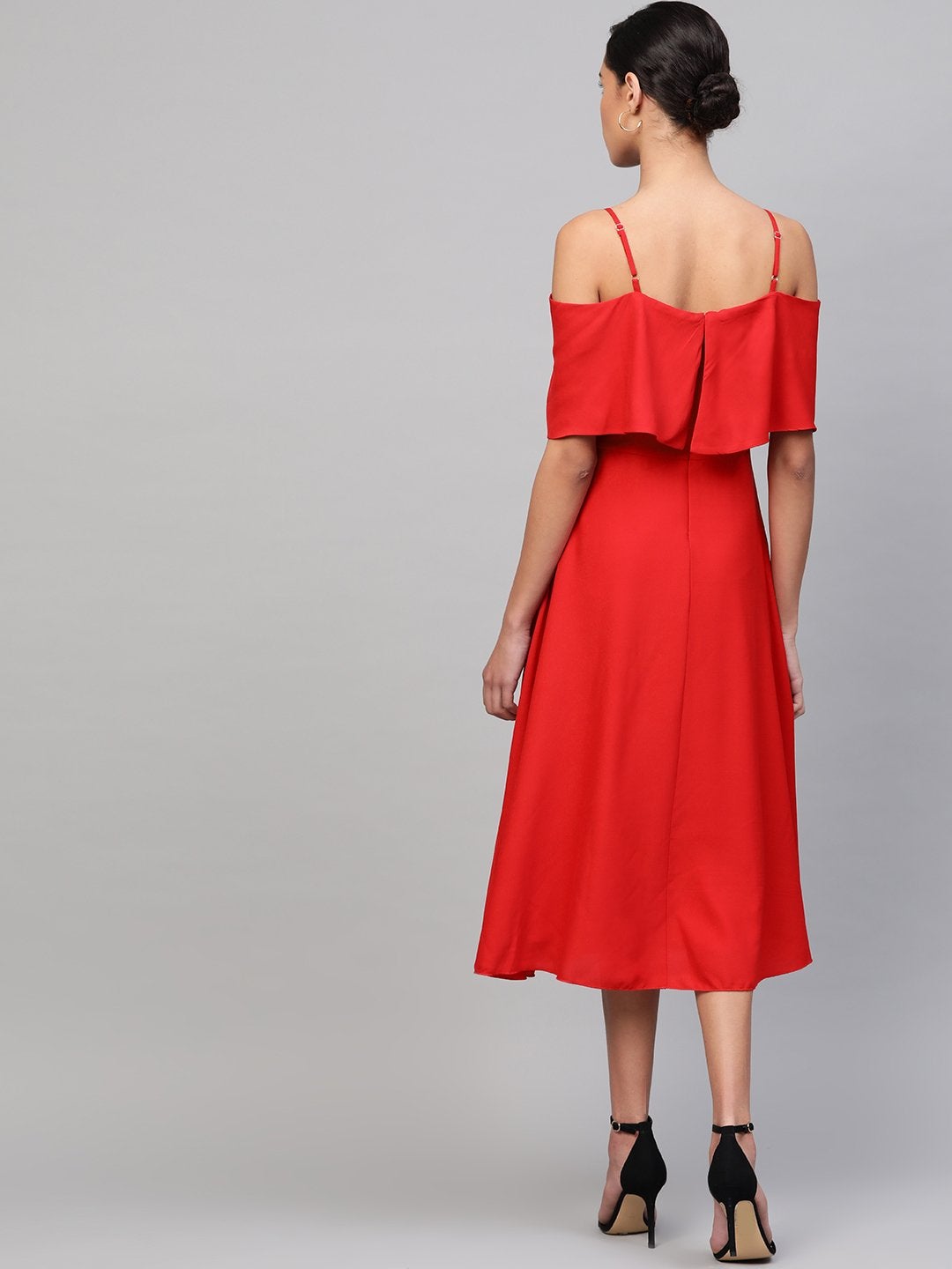 Women's Red Cold Shoulder Strappy Midi Dress
