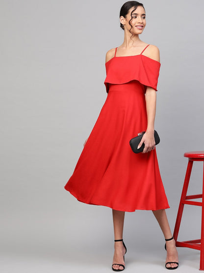 Women's Red Cold Shoulder Strappy Midi Dress