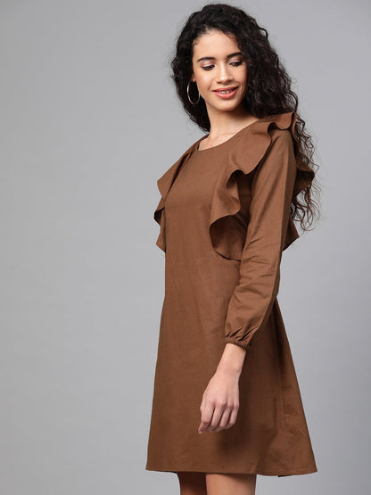 Women's Brown Frill Shift Dress