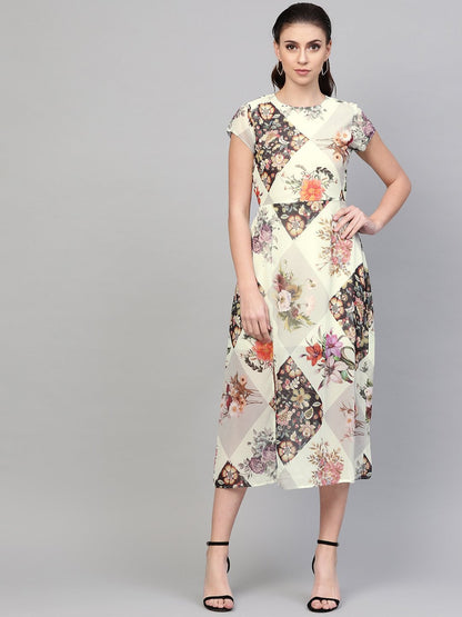 Women's Cream And Black Floral Back Cut Out Dress