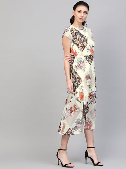 Women's Cream And Black Floral Back Cut Out Dress