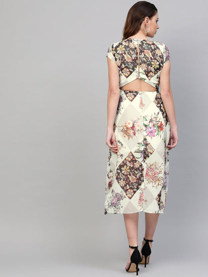 Women's Cream And Black Floral Back Cut Out Dress