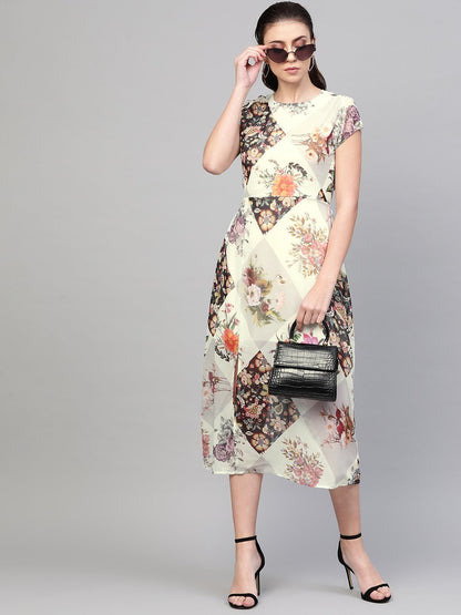 Women's Cream And Black Floral Back Cut Out Dress
