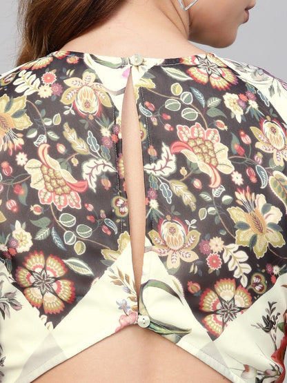 Women's Cream And Black Floral Back Cut Out Dress