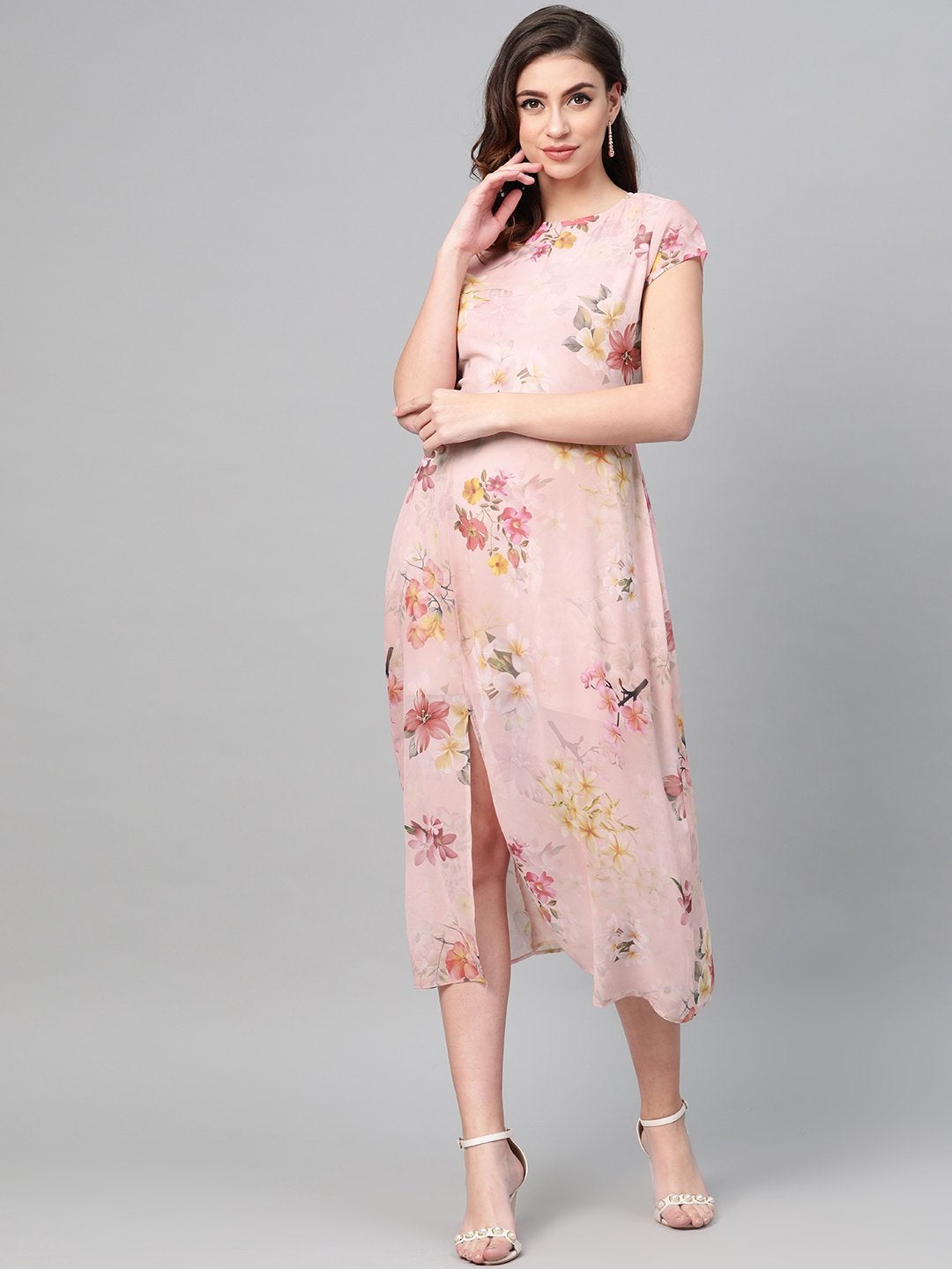 Women's Peach Floral Back Cut Out Dress