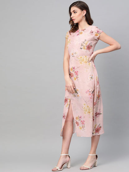 Women's Peach Floral Back Cut Out Dress