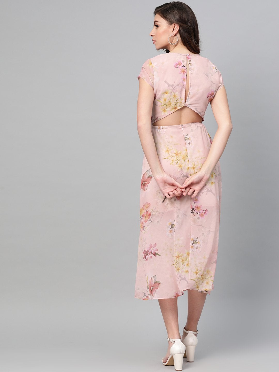 Women's Peach Floral Back Cut Out Dress