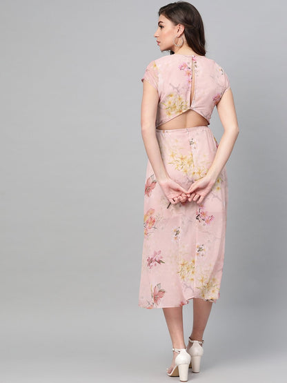 Women's Peach Floral Back Cut Out Dress
