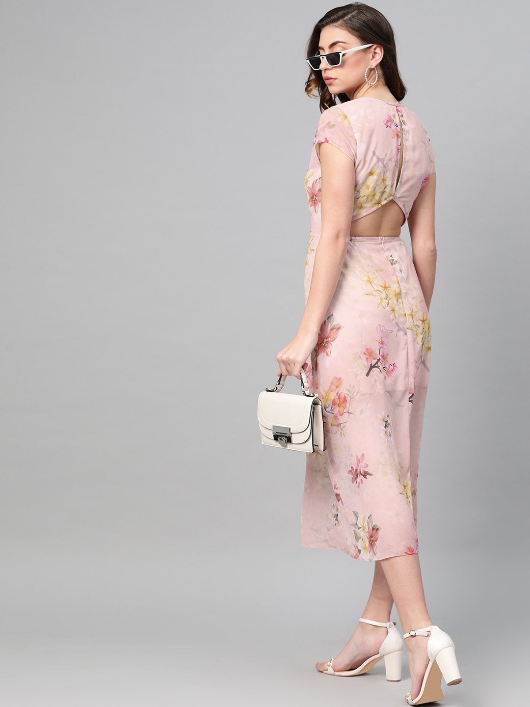 Women's Peach Floral Back Cut Out Dress