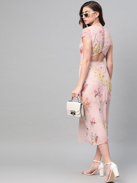 Women's Peach Floral Back Cut Out Dress