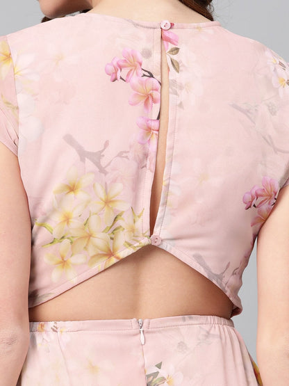 Women's Peach Floral Back Cut Out Dress