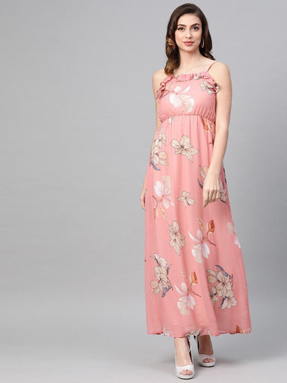 Women's Rose Pink Floral Strappy Maxi Dress