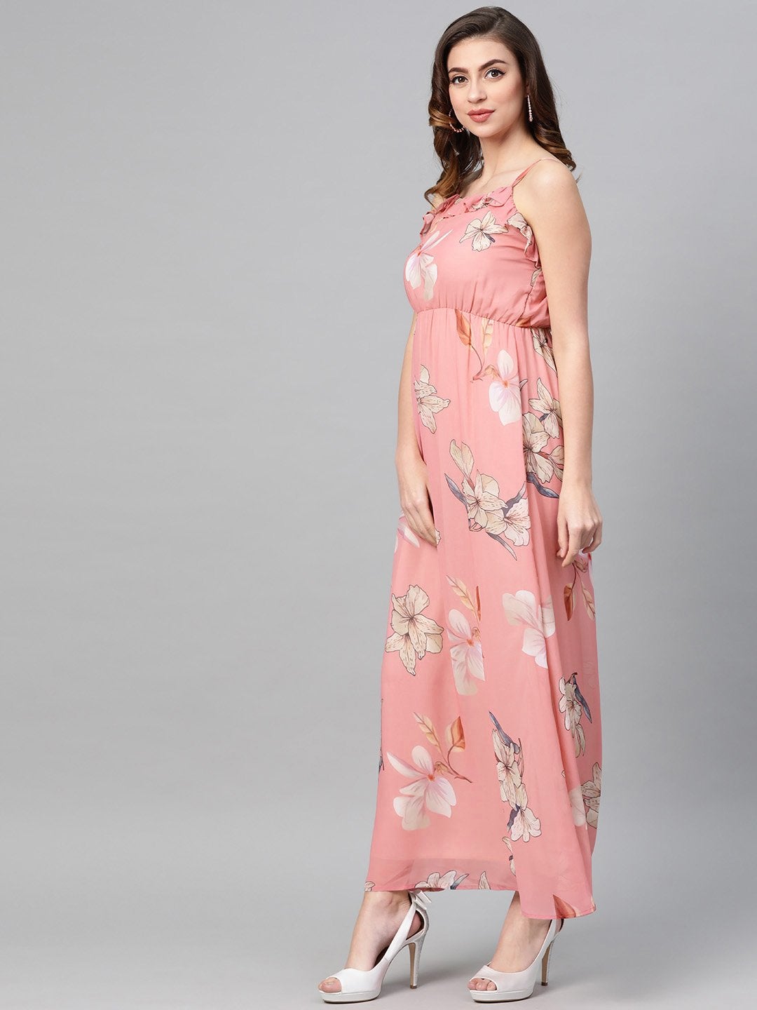 Women's Rose Pink Floral Strappy Maxi Dress