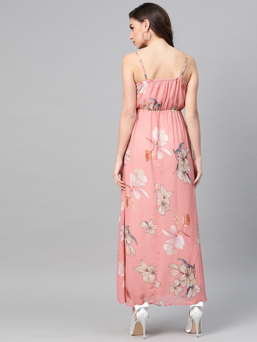 Women's Rose Pink Floral Strappy Maxi Dress