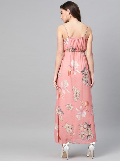 Women's Rose Pink Floral Strappy Maxi Dress