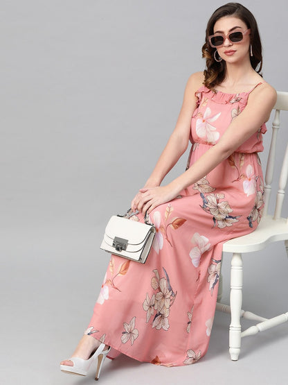 Women's Rose Pink Floral Strappy Maxi Dress