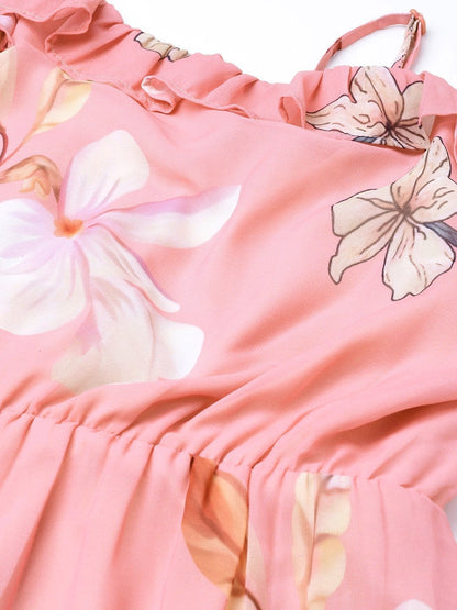 Women's Rose Pink Floral Strappy Maxi Dress