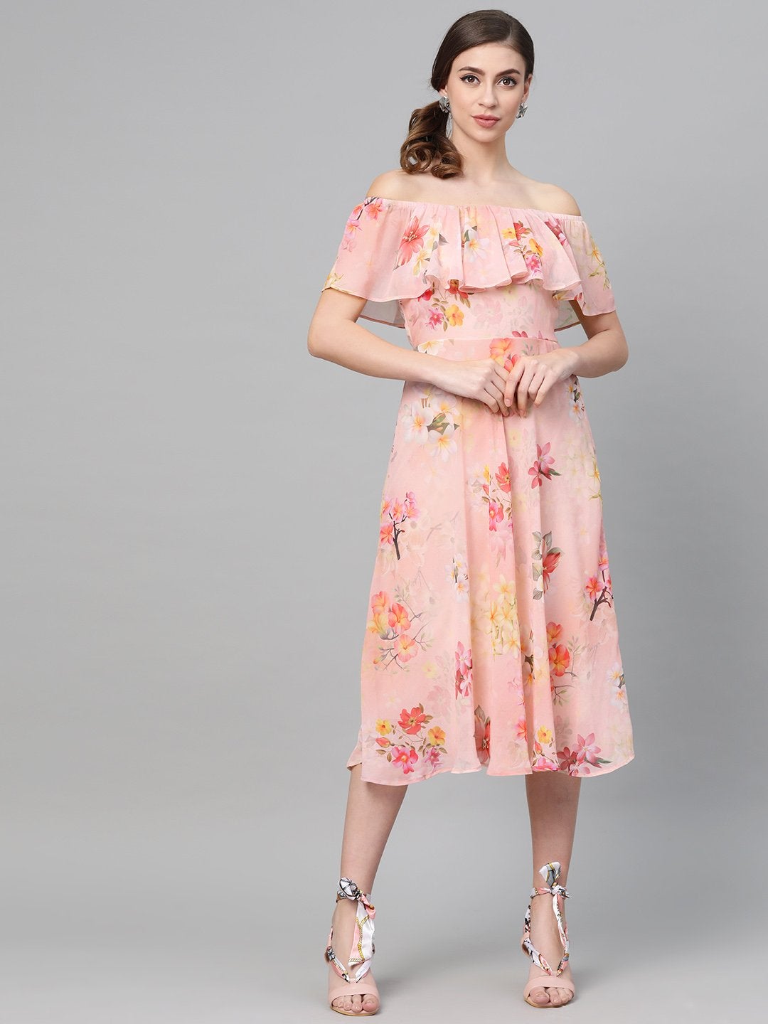 Women's Peach Floral Off Shoulder Midi Dress