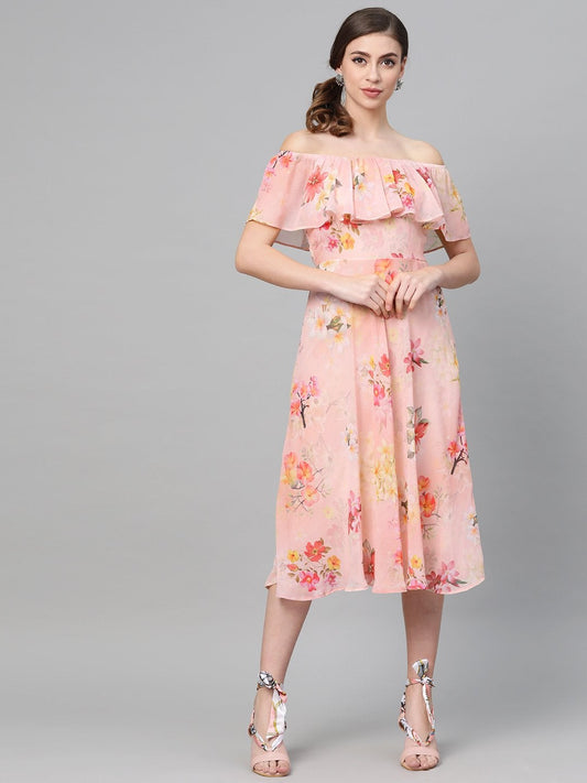 Women's Peach Floral Off Shoulder Midi Dress
