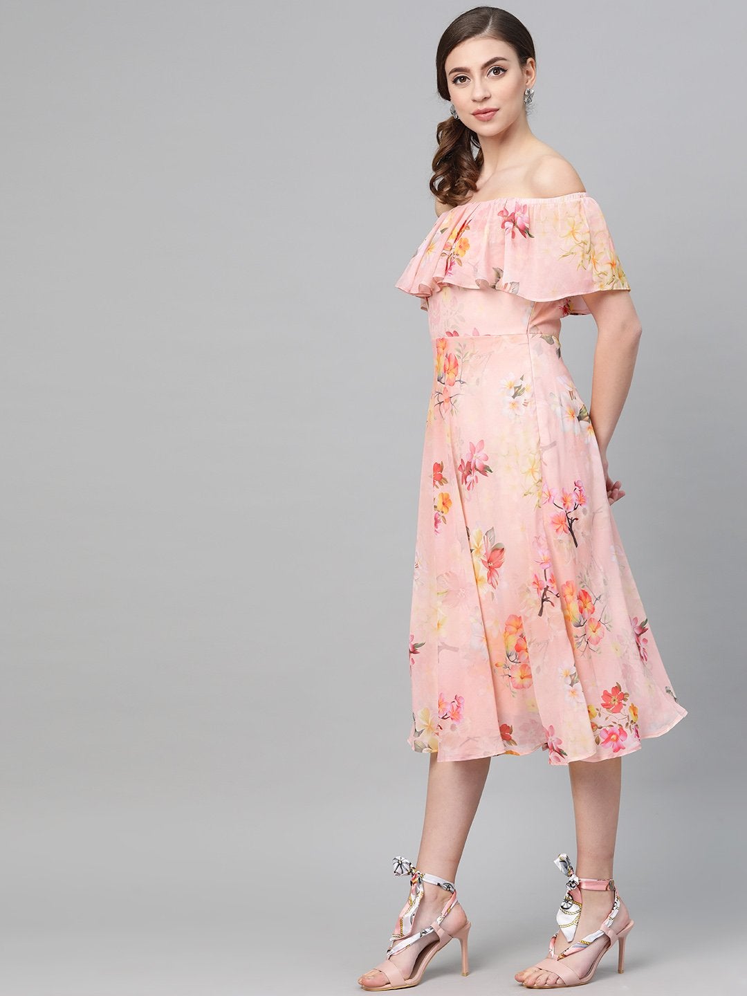 Women's Peach Floral Off Shoulder Midi Dress