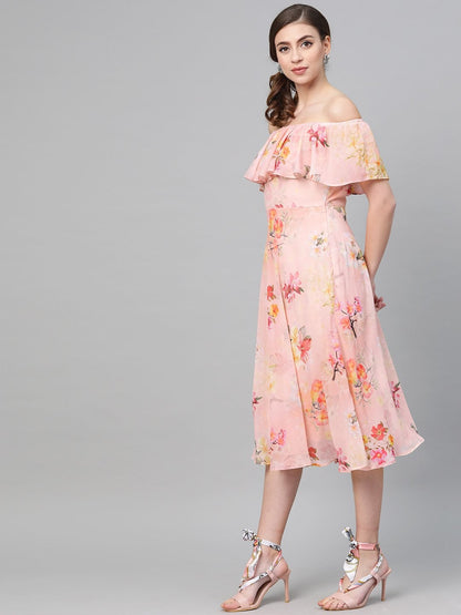 Women's Peach Floral Off Shoulder Midi Dress