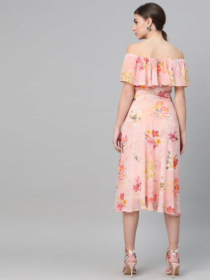 Women's Peach Floral Off Shoulder Midi Dress