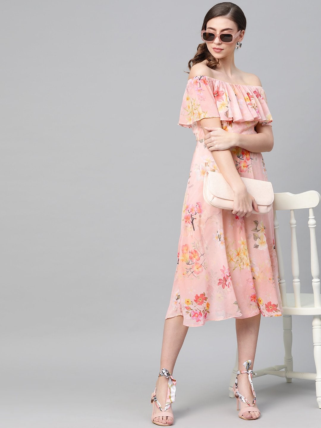 Women's Peach Floral Off Shoulder Midi Dress