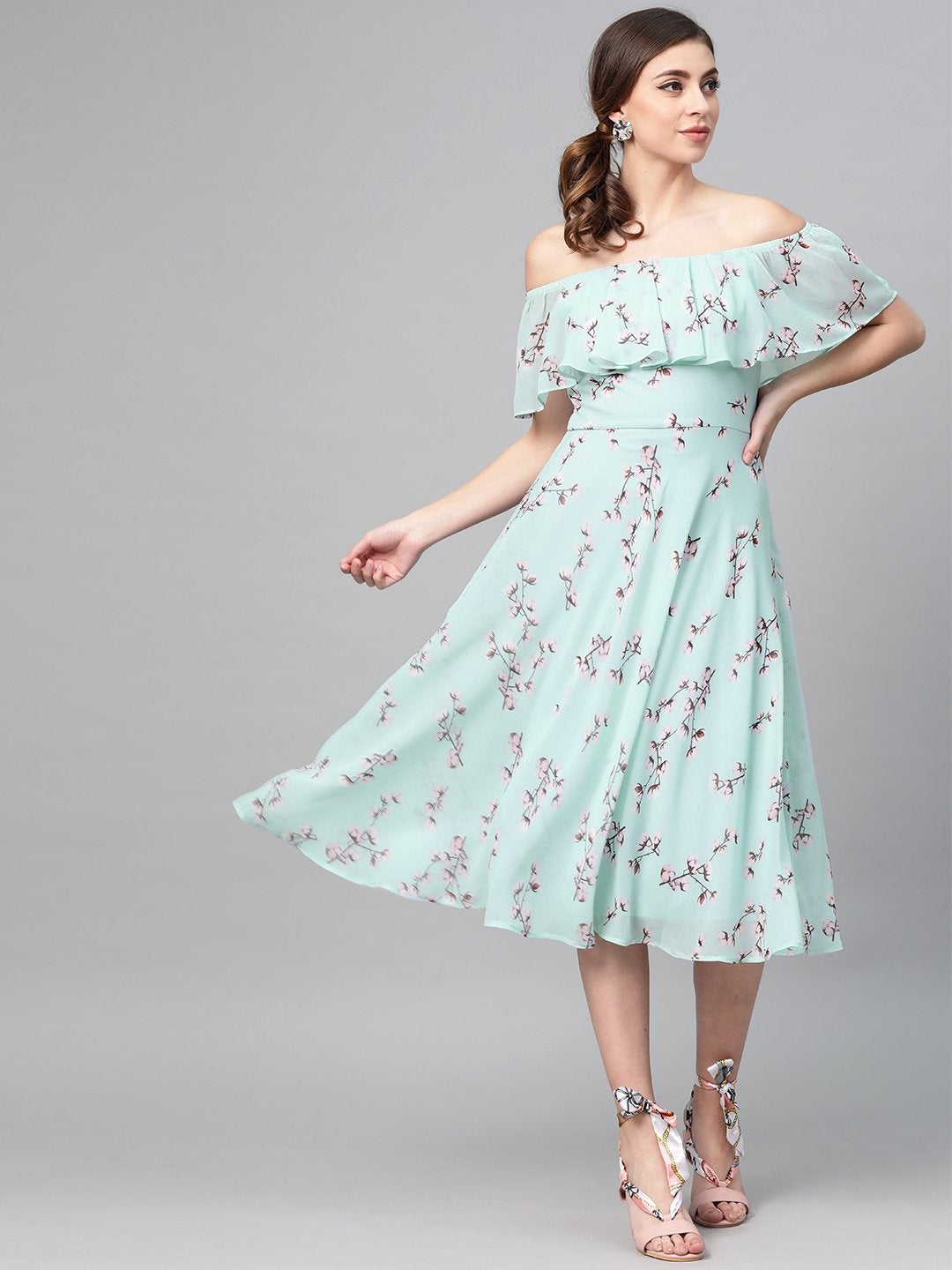 Women's Sea Green Floral Off Shoulder Midi Dress