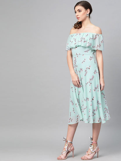 Women's Sea Green Floral Off Shoulder Midi Dress