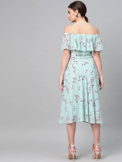 Women's Sea Green Floral Off Shoulder Midi Dress