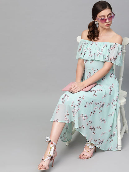 Women's Sea Green Floral Off Shoulder Midi Dress